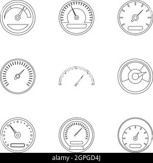 Tachimetro set di icone di stile di contorno Illustrazione Vettoriale