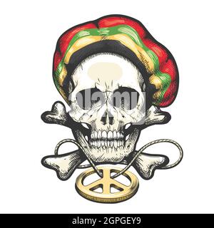 Tatuaggio del cranio in Rastaman Hat e Pacific Badge. Illustrazione vettoriale Illustrazione Vettoriale