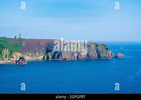 Francia, Cotes d'Armor, Plevenon, Grand Site de France Cap d'Erquy - Cap Frehel, Cap Frehel lungo il GR 34 sentiero escursionistico o doganale Foto Stock