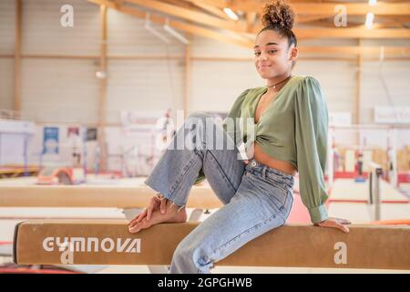 Francia, Loira, Saint Etienne, ginnastica Mélanie De Jésus Dos Santos in formazione alla palestra Pole Francia, Séraph Berland Gymnastics Complex Foto Stock