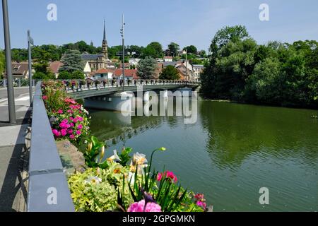 Francia, Doubs, Montbeliard, Armand Bermont ponte sul Allan, chiesa di Saint Mainboeuf Foto Stock