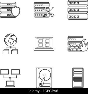 Dati del calcolatore di set di icone di stile di contorno Illustrazione Vettoriale