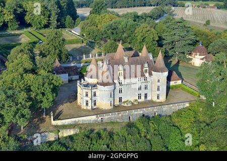 Francia, Dordogne Périgord Nero, valle della Vezere, Tursac, il castello medievale Marzac del secolo XV (vista aerea) Foto Stock