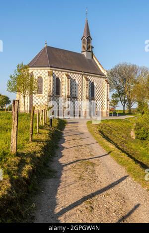 Francia, Somme, Baie de Somme, Saint Valery sur Somme, Cap Hornu, il sentiero che conduce alla cappella dei marinai Foto Stock