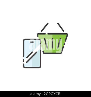 Negozio online. Pagamento mobile. Smartphone e carrello. Icona a colori pieni. Illustrazione del vettore commerciale Illustrazione Vettoriale