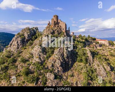 Francia, Haute Loire, Leotoing, castello medievale di Leotoing, Alagnon valle (vista aerea) Foto Stock