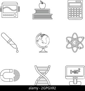 La ricerca scientifica set di icone di stile di contorno Illustrazione Vettoriale