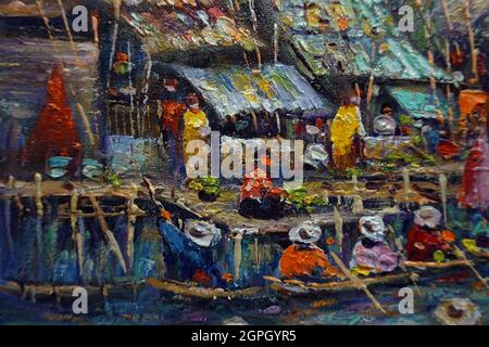 originale arte impressionista pittura ad olio mercato galleggiante damnoen saduak campagna thailandia Foto Stock
