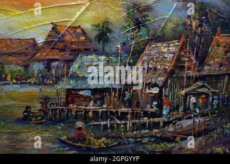 originale arte impressionista pittura ad olio mercato galleggiante damnoen saduak campagna thailandia Foto Stock