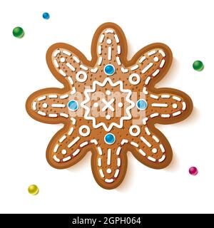 Fiocco di neve di pan di zenzero isolato su bianco. Biscotti di Natale. Illustrazione vettoriale. Illustrazione Vettoriale