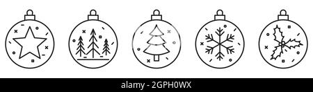 Icona della palla di Natale. Set di palle di natale. Icone delle palline di Natale in design lineare piatto. Illustrazione vettoriale. Illustrazione Vettoriale