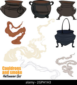 Set Witches Cauldron con pozione magica bollente Illustrazione Vettoriale