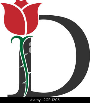 Icona con logo lettera D e vettore con rose Illustrazione Vettoriale