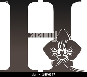 Icona con logo lettera H con vettore orchidea nero Illustrazione Vettoriale