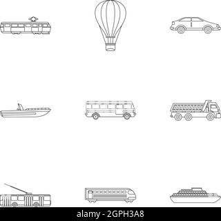 Viaggio sul trasporto set di icone di stile di contorno Illustrazione Vettoriale