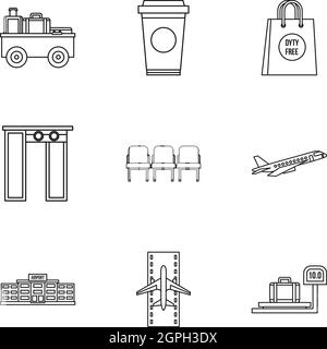 Verificare presso l'aeroporto set di icone di stile di contorno Illustrazione Vettoriale