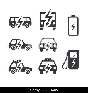 Auto elettriche, autobus e taxi silhouette con caricatore, set di semplici icone nere isolate su bianco Illustrazione Vettoriale