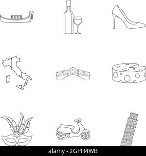 Italia set di icone di stile di contorno Illustrazione Vettoriale