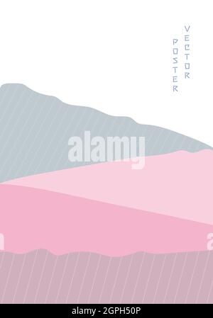 Poster astratto del paesaggio montano in colori rosa. Sfondo geometrico in stile giapponese asiatico. Illustrazione Vettoriale