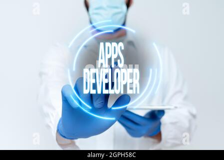Didascalia di testo Presentazione di Apps Developer. Business showcase artista grafico Software Programmatore ed analisti esperti che dimostrano tecnologia medica Foto Stock