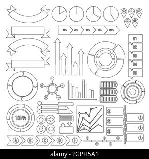 Set di icone delle parti di progetto infografiche, stile del contorno Illustrazione Vettoriale