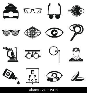Oculista strumenti set di icone, stile semplice Illustrazione Vettoriale
