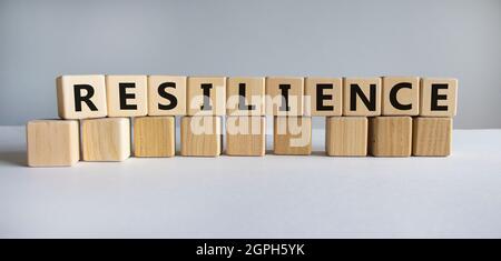 Simbolo di resilienza. Parola 'Resilience' scritta su blocchi di legno. Spazio di copia. Bella tavola bianca, sfondo bianco. Concetto di business e resilienza. Foto Stock