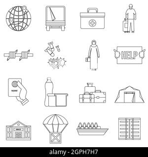Rifugiati problema icone impostato, stile di contorno Illustrazione Vettoriale