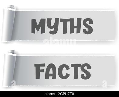Miti e fatti segno. Design dell'intestazione Miti vs fatti. I fatti veri o falsi sono una bolla. Carta strappata per qualsiasi scopo. Illustrazione Vettoriale