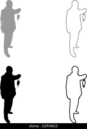 Uomo tenere faccia maschera medica in mano braccio indossare protezione personale polvere concetto Virus Coronavirus influenza epidemia prevenzione epidemia di influenza quarantena proteggere da aria inquinamento silhouette grigio nero colore vettore illustrazione solido contorno immagine stile Illustrazione Vettoriale