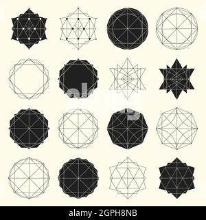 Set semplice con forme geometriche nere e cave ed elementi con linee, poliedri, triangoli Illustrazione Vettoriale