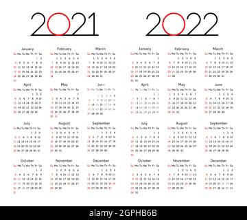 Calendario 2021 - 2022 anno modello modificabile. Inizio settimana Domenica disegno aziendale modello disegno grafico vettore illustrazione. Grafico della griglia della tabella di calendario Illustrazione Vettoriale