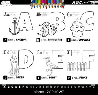 educational cartoon alphabet letters set from A to F color book page Stock Vector