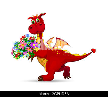 Drago rosso con un bouquet di fiori Illustrazione Vettoriale