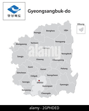 Mappa amministrativa vettoriale della provincia sudcoreana di Gyeongsangbuk-do con flag Illustrazione Vettoriale