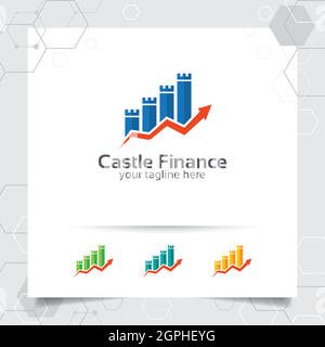 Vettore di progettazione del logo di Business Finance con il simbolo dell'icona di analisi del grafico. Illustrazione finanziaria e commerciale per consulenza, analisi dei dati e contabilità. Illustrazione Vettoriale