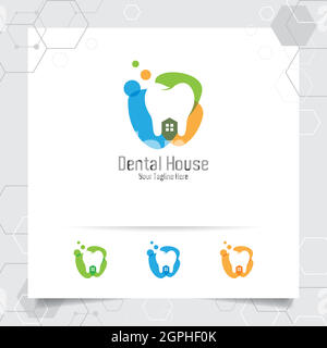 Logo dentista dentista disegno vettoriale con concetto di casa e icona dente . Cura dentale per l'ospedale, il medico, la clinica e la salute. Illustrazione Vettoriale