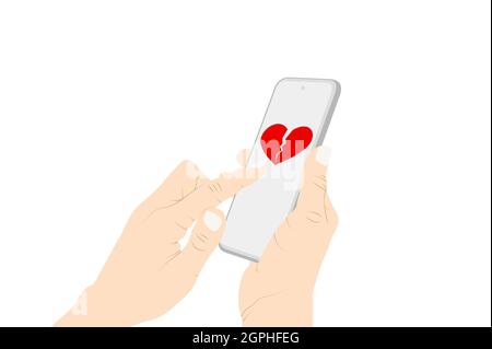 Invio di cuore rotto emoji con telefono, flirting, rotto simbolo del cuore, mano donna che invia un messaggio con il telefono. Illustrazione dello stock vettoriale Illustrazione Vettoriale