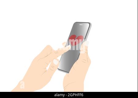 Invio di cuore rotto emoji con telefono, flirting, rotto simbolo del cuore, mano donna che invia un messaggio con il telefono. Illustrazione dello stock vettoriale Illustrazione Vettoriale