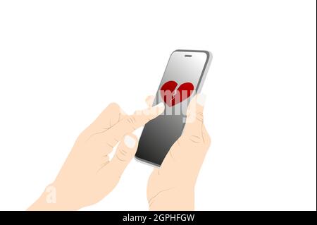 Invio di cuore rotto emoji con telefono, flirting, rotto simbolo del cuore, mano donna che invia un messaggio con il telefono. Illustrazione dello stock vettoriale Illustrazione Vettoriale