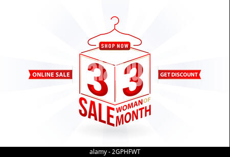 Vendita 3.3, vendita online 3.3, vendita donna dei mesi, nastro rosso con codice modello Cubo con sfondo isolato, insegna negozio online, per poster, volantino, banner social media, negozio di promozione etichette, banner web Illustrazione Vettoriale