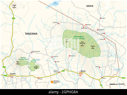 Mappa dei dintorni del Parco Nazionale del Kilimanjaro, Tanzania Illustrazione Vettoriale