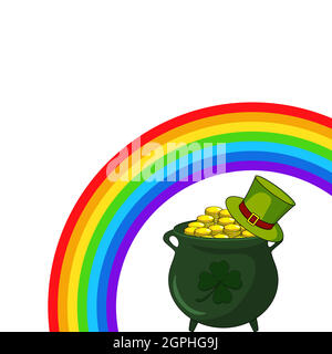 Patricks giorno backgroud. Ideale per striscioni o bordi con spazio di copia. L'illustrazione contiene simboli di arcobaleno, calderone con denaro e cappello verde. Illustrazione Vettoriale