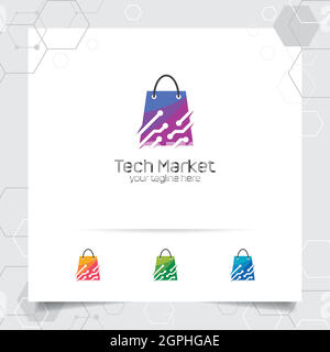 Concetto di disegno di logo di shopping bag di icona di negozio online e vettore di tecnologia utilizzato per il mercante, e-commerce, e supermercato. Illustrazione Vettoriale