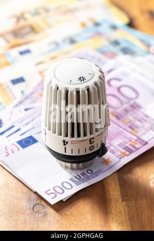 Testa termostatica ed Euro Money su tavola in legno. Banconote in euro. Foto Stock
