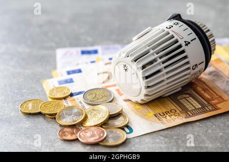 Testa termostatica ed euro money. Banconote e monete. Foto Stock