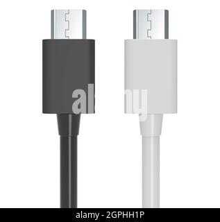 Cavi dati di ricarica USB-C, colori bianco e nero. Rendering 3D isolato su sfondo bianco Foto Stock