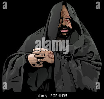 Misterioso Monk con Magic Tattoo Illustrazione Vettoriale