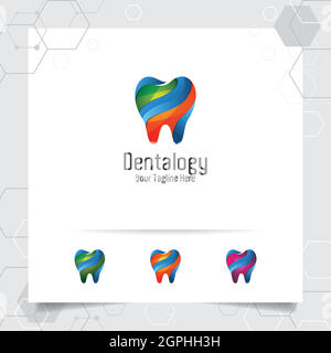 Logo dentista dentista disegno vettoriale con concetto di moderna icona colorata dente . Cura dentale per l'ospedale, il medico, la clinica e la salute. Illustrazione Vettoriale