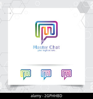 Design del logo della chat concetto vettoriale di lettera m e stile colorato. Vettore del logo della chat multimediale per app, comunicazione e community. Illustrazione Vettoriale